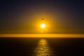 Landscape shot of the sea during sunset with seagull flying and the sun visible in the background Royalty Free Stock Photo