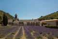 Landscape shot of the Senanque Abbey in Provence, France with a field of lavenders in front Royalty Free Stock Photo