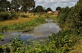 Landscape shot of a swamp in a field with a town visible in the distance