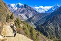 Landscape showing a girl doing trekking surrounded by Himalayan Mountains going towards the base camp of Mount Everest, Nepal.
