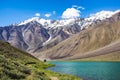 Landscape showing Himalayan mountains and the turquoise lake Chandra Tal, at the Spiti valley, India.