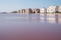 Landscape showing pink salt flats at Margherita Di Savoia in Puglia, Italy. Water is pink crustaceans that live in it. Royalty Free Stock Photo