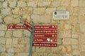 Landscape of signs outside of Theater Museum of Salvador Dali in Figueres Catalonia