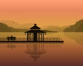 Landscape - silhouette of a man on a bench, and house on the background of the mountains, the sky with reflection in water.