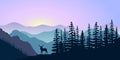 Landscape with silhouettes of deer, mountains deer and forest at sunrise. Vector illustration Royalty Free Stock Photo