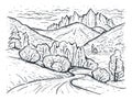 Landscape sketch. Santa Maddalena. Dolomites Mountains, Italy, Europe. Engraving style. Hand drawn vector illustration