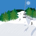 Snow-covered hill, trees, sunny day, silhouettes of skiers, ski lift. Vector graphics. Royalty Free Stock Photo