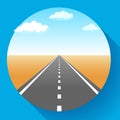 Landscape with sky and clouds, land and asphalt road with marking, empty highway in desert, vector illustration. Royalty Free Stock Photo