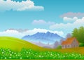 Landscape with sky with clouds, mountains, trees and a small country house. Illustration. Digital art.