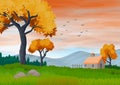 Landscape with sky with clouds, mountains, trees and a small country house. Illustration.