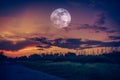 Landscape of sky with full moon at night. Serenity nature backg
