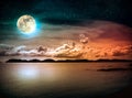 Landscape of sky with full moon on seascape to night. Serenity n Royalty Free Stock Photo