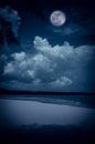Landscape of sky with full moon on seascape to night. Serenity n Royalty Free Stock Photo