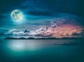 Landscape of sky with full moon on seascape to night. Serenity n Royalty Free Stock Photo