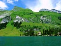 landscape, sky, nature, green, lake, mountain, mountains, grass, panorama, blue, clouds, water, summer, view, tree, cloud, meadow, Royalty Free Stock Photo