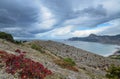 Landscape at Slope Mount, Sea Coast,  Rain Clouds Royalty Free Stock Photo