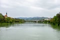 Landscape of Slovenia in Maribor with Drava river. there is Koroski most and Kapucinski samostan church in background taken from Royalty Free Stock Photo