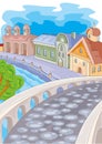 Landscape of a small historical city with a beautiful bridge paved with stones, vector illustration