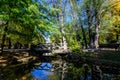 Landscape with the small lake and green and yellow trees in Ion Voicu Park, also known as Ioanid Park, in Bucharest, Romania, in a