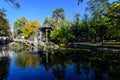 Landscape with the small lake and green and yellow trees in Ion Voicu Park, also known as Ioanid Park, in Bucharest, Romania, in a