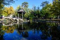 Landscape with the small lake and green and yellow trees in Ion Voicu Park, also known as Ioanid Park, in Bucharest, Romania, in a