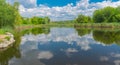 Landscape with small river Sura near Dnipro city at spring season