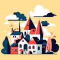 Landscape of a small town. Vector illustration in flat style. AI Generated Royalty Free Stock Photo