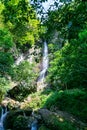 Landscape with small waterfall, mountain waterfall surrounded by green trees, Georgia Royalty Free Stock Photo