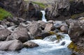 Landscape with small waterfall, river with clear water and rocks, Iceland