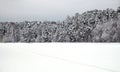 Landscape with snow-covered path on the edge of the forest and frozen river on a cloudy winter day Royalty Free Stock Photo