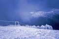 Landscape of snow mountains, lift and fence in 3-5 Pigadia, Naoussa, Greece