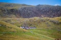Landscape in Snowdonia National Park in Wales, with a pathway with tourists walking and a building at the background Royalty Free Stock Photo