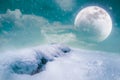 Landscape at snowfall with super moon. Serenity nature background.