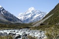 Landscape of a snowy mountain and a mountain river. Aoraki, Mount Cook National Park on New Zealand Royalty Free Stock Photo