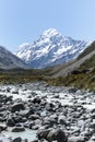 Landscape of a snowy mountain and a mountain river. Aoraki, Mount Cook National Park on New Zealand Royalty Free Stock Photo