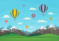 Landscape with snowy mountains, green meadows, spruce forest, colorful hot air balloons, clouds and blue sky. Cartoon style