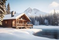 landscape snowy mountains and wooden house on lake.AI Generated Royalty Free Stock Photo