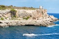 Landscape of Spain Island Mallorca Cala Figuera, speed boat, Motorboat sailing on the sea Royalty Free Stock Photo