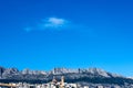 Landscape with spanish resort town at foot of mountain