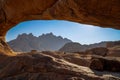 Landscape of the Spitzkoppe granite peaks from the cave in Namibia Royalty Free Stock Photo