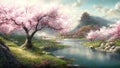 Landscape in spring, scenery of river and blooming sakura, illustration, generative AI