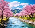 Landscape in spring scenery of river and sakura.