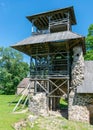 Landscape with stone castle ruins and wooden tower, Limbazi, Latvia