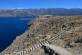 Landscape with stone stairway and rocky shore near Pag island bridge, eastern view. Royalty Free Stock Photo