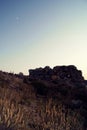 Landscape with Stone Wall Ruins, Wild Flowers and Crescent Moon