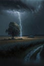 Landscape with storm, sky, clouds, lightning and farm created using generative ai technology Royalty Free Stock Photo