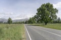 Landscape with straight road in  green countryside, near Fairlie, New Zealand Royalty Free Stock Photo