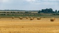 Landscape with straw rolls on a fallow field, late summer in nature
