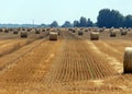 Landscape with straw rolls on a fallow field, late summer in nature