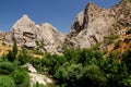 A landscape with a stream, a rock and the ruins of the old castle of Kahta near the ancient city of Arsameia in Turkey